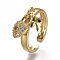 Brass Micro Pave Clear Cubic Zirconia Cuff Rings, Open Rings, Heart Lock with Clover, Real 18K Gold Plated, Size 7, Inner Diameter: 17mm