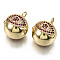 Brass Micro Pave Cubic Zirconia Pendants, with Jump Rings, Nickel Free, Round with Eye, Real 16K Gold Plated, Medium Violet Red, 15x14x12mm, Jump Ring: 5x0.7mm, Inner Diameter: 3mm