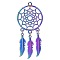 Rainbow Color Alloy Big Pendants, Woven Net/Web with Feather, 60x27mm, Hole: 2mm