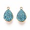 201 Stainless Steel Charms, Teardrop, with Polymer Clay Rhinestone, Real 18K Gold Plated, Dark Turquoise, 13.5x8~8.5x4.5~5mm, Hole: 1.5~1.6mm