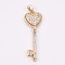 Brass Micro Pave Cubic Zirconia Pendants, Long-Lasting Plated, Key, Golden, 29x10x3mm, Hole: 2x3mm