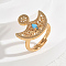 Brass Micro Pave Cubic Zirconia Adjustable Finger Rings for Women, Moon, Golden, Blue