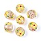 Luminous Handmade Gold Sand Lampwork Beads, Round with Flower, with Enamel, Glow in the Dark, Champagne Yellow, 11.5~13.5mm, Hole: 1.2~1.6mm
