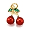 Brass Enamel Pendants, with Jump Ring, Cadmium Free & Lead Free, Long-Lasting Plated, Real 18K Gold Plated, Rack Plating, Fruit Charm, Cherry, 16x12.5x5.5mm, Hole: 3.5mm