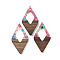 Walnut Wood Pendants, Resin and Gold foil, Rhombus, Hot Pink, 47.5x25.5x3.5mm, Hole: 2mm