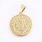 PVD Vacuum Plating 304 Stainless Steel Pendants, Religion, Flat Round with Saint Benedict, Golden, 31x28x2mm, Hole: 10x5mm