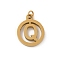 304 Stainless Steel Charms
with Jump Ring, Golden, Ring with Letter Charm, Letter Q, 14.5x12x1.5mm, Hole: 3mm