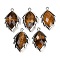 Natural Tiger Eye Faceted Leaf Pendants, Rack Plating Brass Charms, Platinum, 23x13.5x5.5mm, Hole: 1.2mm