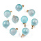 Two Tone Transparent Spray Painted Glass Pendants, with Light Gold Plated Brass Loop, Frosted, with Glitter Powder, Round, Medium Aquamarine, 12x8mm, Hole: 2mm