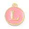 Golden Plated Alloy Enamel Charms, Enamelled Sequins, Flat Round with Alphabet, Letter.L, Pink, 14x12x2mm, Hole: 1.5mm
