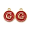 Golden Plated Alloy Enamel Charms, Cadmium Free & Lead Free, Enamelled Sequins, Flat Round with Letter, Red, Letter.G, 14x12x2mm, Hole: 1.5mm