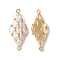 Brass Clear Glass Connector Charms, Cadmium Free & Nickel Free & Lead Free, Rhombus Links, Real 18K Gold Plated, 27x11x3.5mm, Hole: 1.2mm