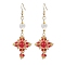 Natural Mixed Stone & Glass Seed Beads Dangle Earrings for Women, Cross, Golden, Red, 76x27mm