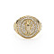 Colorful Cubic Zirconia Flat Round with Jesus Wide Band Cuff Ring, Brass Signet Open Ring for Women, Nickel Free, Real 18K Gold Plated, US Size 7 1/4(17.5mm)