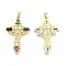 Brass Micro Pave Cubic Zirconia Pendants, Cadmium Free & Lead Free, Real 18K Gold Plated, Cross, Colorful, 38x22x3.5mm, Hole: 2x3.5mm