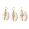 3Pcs 3 Styles Natural Cowrie Shell Copper Wire Wrapped Pendants, Star & Moon & Heart Brass Charms, Golden, 25.5~28.5x12.5~15.5x9~11.5mm, Hole: 3.5~4.5mm, 1pc/style