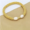 304 Stainless Steel Round Beads Stretch Bracelets for Women, with Brass & Freshwater Pearl, Golden, 6-3/4 inch(17cm)