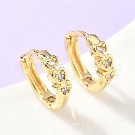 Серьги-кольца из латуни с микропаве и прозрачным кубическим цирконием в форме сердца EJEW-Z102-29G-1