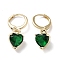 Real 18K Gold Plated Brass Heart Dangle Leverback Earrings, with Heart Glass, Dark Green, 25x8.5mm