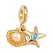 Brass Blue Enamel European Dangle Charms, Shell Shape Starfish Large Hole Pendants with ABS Plastic Imitation Pearl White Round Beads, Real 18K Gold Plated, 25mm, Hole: 4.7mm