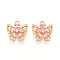 Brass Micro Pave Cubic Zirconia Charms, Butterfly & Flower, Long-Lasting Plated, Nickel Free, Real 18K Gold Plated, Pink, 13x13x4mm, Hole: 1.4~1.5mm