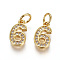 Brass Micro Pave Clear Cubic Zirconia Charms, with Jump Ring, Number, Real 18K Gold Plated, Num.6, 11.5x6.5x2mm, Hole: 3mm