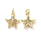 Brass Micro Pave Cubic Zirconia Pendants, Cadmium Free & Nickel Free & Lead Free, with Jump Ring, Real 18K Gold Plated, Starfish Charms, Colorful, 14.5x12x2mm, Jump Ring: 5x0.8mm, Inner Diameter: 3.2mm