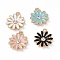 Alloy Rhinestone Pendants, Enamel Style, Light Gold, Chrysanthemum Charm, Mixed Color, 17x14x2.5mm, Hole: 1.5mm