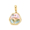 Brass Enamel Pendants, with Resin, Cadmium Free & Nickel Free & Lead Free, Real 18K Gold Plated, Flat Round with Flower Charms, Pearl Pink, 31mm, Hole: 6x4.5mm