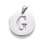 Non-Tarnish 201 Stainless Steel Pendants, Flat Round with Letter, Stainless Steel Color, Letter G, 20x1.3mm, Hole: 4x3mm