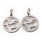 Non-Tarnish 304 Stainless Steel Charms, Laser Cut, with Jump Ring, Stainless Steel Color, Hollow, Flat Round Charm, Bird, 13.5x12x1mm, Hole: 3.6mm