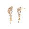 Feather Shape Brass Micro Pave Clear Cubic Zirconia Earring Findings, for Half Drilled Beads, Nickel Free, Real 18K Gold Plated, 21x6mm, Pin: 0.7mm, Pin: 0.7mm(for half drilled beads)