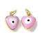 Brass Enamel Charms, with Jump Ring, Lead Free & Cadmium Free, Real 18K Gold Plated, Heart with Evil Eye Charm, Pearl Pink, 9x7x4.5mm, Hole: 2.2mm