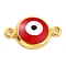 Golden Plated Brass Enamel Links Connectors, Long-Lasting Plated, Flat Round with Evil Eye, Red, 16x10x3.5mm, Hole: 1.5mm