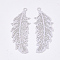 Brass Pendants, Etched Metal Embellishments, Lead Free & Nickel Free, Long-Lasting Plated, Feather, Platinum, 33.5x13x0.3mm, Hole: 1.4mm
