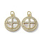 Brass Micro Pave Clear Cubic Zirconia Cross Pendants, Natural Shell Flat Round Charms with Jump Rings, Real 18K Gold Plated, 18.5x15.5x3.5mm, Hole: 3mm