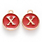 Golden Plated Alloy Enamel Charms, Cadmium Free & Lead Free, Enamelled Sequins, Flat Round with Letter, Red, Letter.X, 14x12x2mm, Hole: 1.5mm