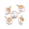 Natural Cultured Freshwater Pearl Pendants, with Brass Micro Pave Cubic Zirconia Findings, Nuggets,  Flat Round with Tree, Golden, Clear, 17~26x11~16x5~11mm, Hole: 1.6~2mm