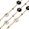 304 Stainless Steel Flower Link Chains, with Glass & ABS Plastic Pearl, Rack Plating, Long-Lasting Plated, Ion Plating(IP), Soldered, with Spool, Real 18K Gold Plated, Black, 1.7x1.3x0.6mm