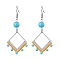 201 Stainless Steel Linking Ring Dangle Earring, Natural & Synthetic Gemstone and Glass Beads, Rhombus, Stainless Steel Color, 65x29mm