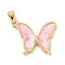 Brass Enamel Pendants, Cadmium Free & Nickel Free & Lead Free, Butterfly Charms, Real 18K Gold Plated, Pearl Pink, 23x21x3mm, Hole: 5x2mm