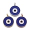 Brass Enamel Pendants, with Jump Rings, Long-Lasting Plated, Flat Round with Midnight Blue Evil Eye, Mixed Color, 22.5x20x2~2.5mm, Hole: 3mm
