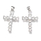 Brass Micro Pave Clear Cubic Zirconia Pendants, Cross, Real Platinum Plated, 28x18x4mm, Hole: 3mm