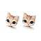 Real 14K Gold Plated Alloy Kitten Stud Earrings, with Enamel and Environment Stainless Steel Pin, Printed, Cat Pattern, Navajo White, 10~10.5x10.5~11mm, pin: 0.7mm