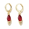 Real 18K Gold Plated Brass Dangle Leverback Earrings, with Cubic Zirconia and Glass, Horse Eye, Red, 30.5x6mm
