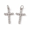 Brass Pendants, Cadmium Free & Nickel Free & Lead Free, Religion Cross Charms, with Open Jump Rings, Real Platinum Plated, 20x11x2mm, Hole: 3mm, Ring: 5x0.9mm