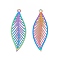 201 Stainless Steel Pendants, Etched Metal Embellishments, Leaf Charm, Rainbow Color, 32x10x0.2mm, Hole: 1.4mm