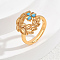 Brass Pave Cubic Zirconia Finger Rings for Women, Leaf with Flower, Blue, US Size 8(18.1mm)