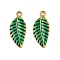 304 Stainless Steel Enamel Pendants, Leaf Charm, Ion Plating(IP), Real 18K Gold Plated, Green, 24x10.5x2mm, Hole: 1.8mm