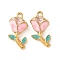 304 Stainless Steel Enamel Pendants, Ion Plating(IP), Flower Charms, Golden, Pink, 17x9x5.5mm, Hole: 1.2mm